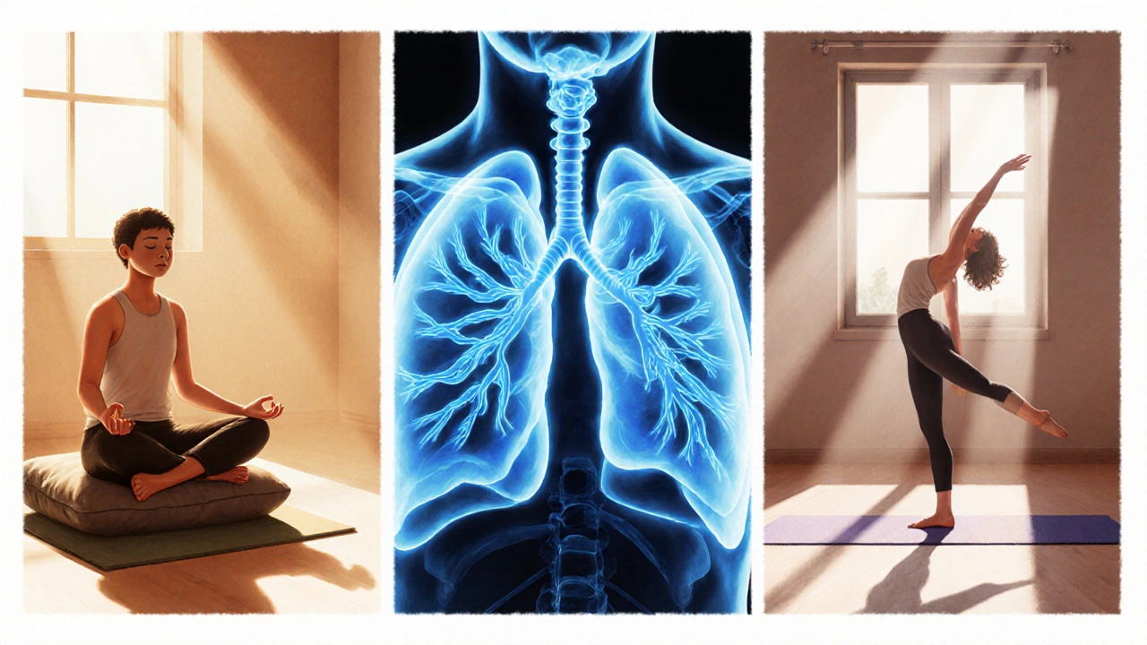 Ilustrace třech relaxačních technik: meditace, dechové cvičení, jóga v pastelových barvách.