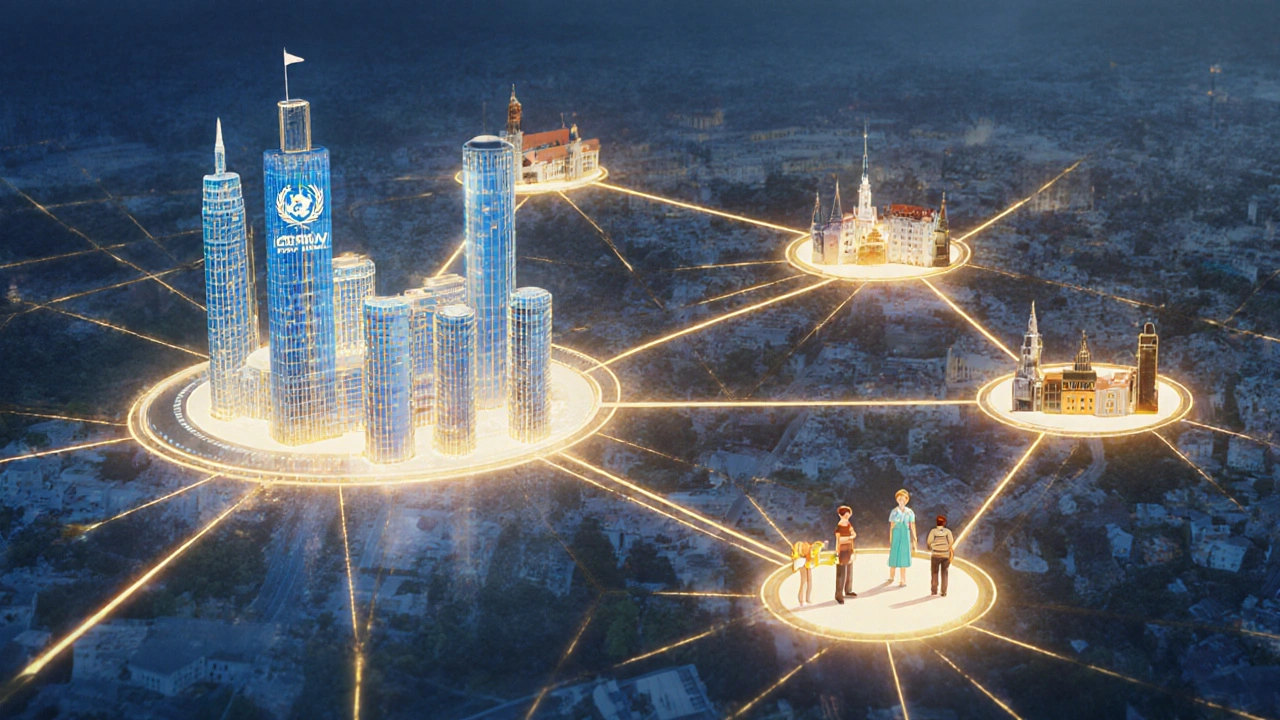 Konekce mezi WHO ve Žnevě a českými městy přes světelné proudy zdravotních doporučení.