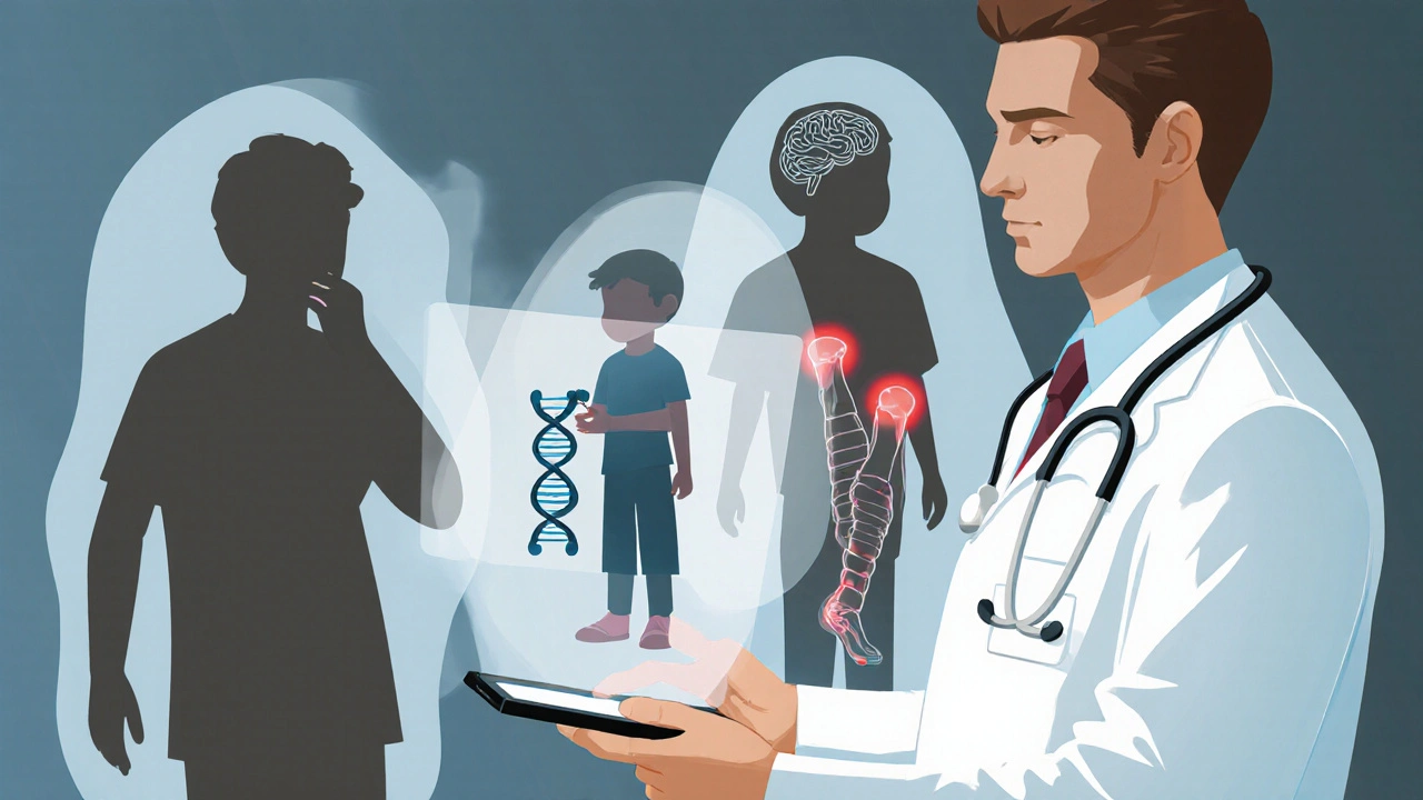 Lékař s tabletou ukazuje pacienty s infekcí, genetickou a autoimunitní chorobou, starší osoba s degenerací.
