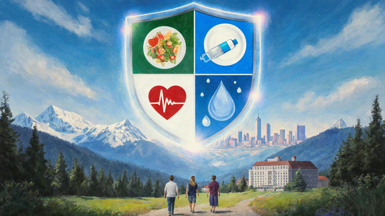 Ochranný štít WHO nad českou krajinou s symboly zdraví: vakcína, jídlo, voda a srdeční rytmus.