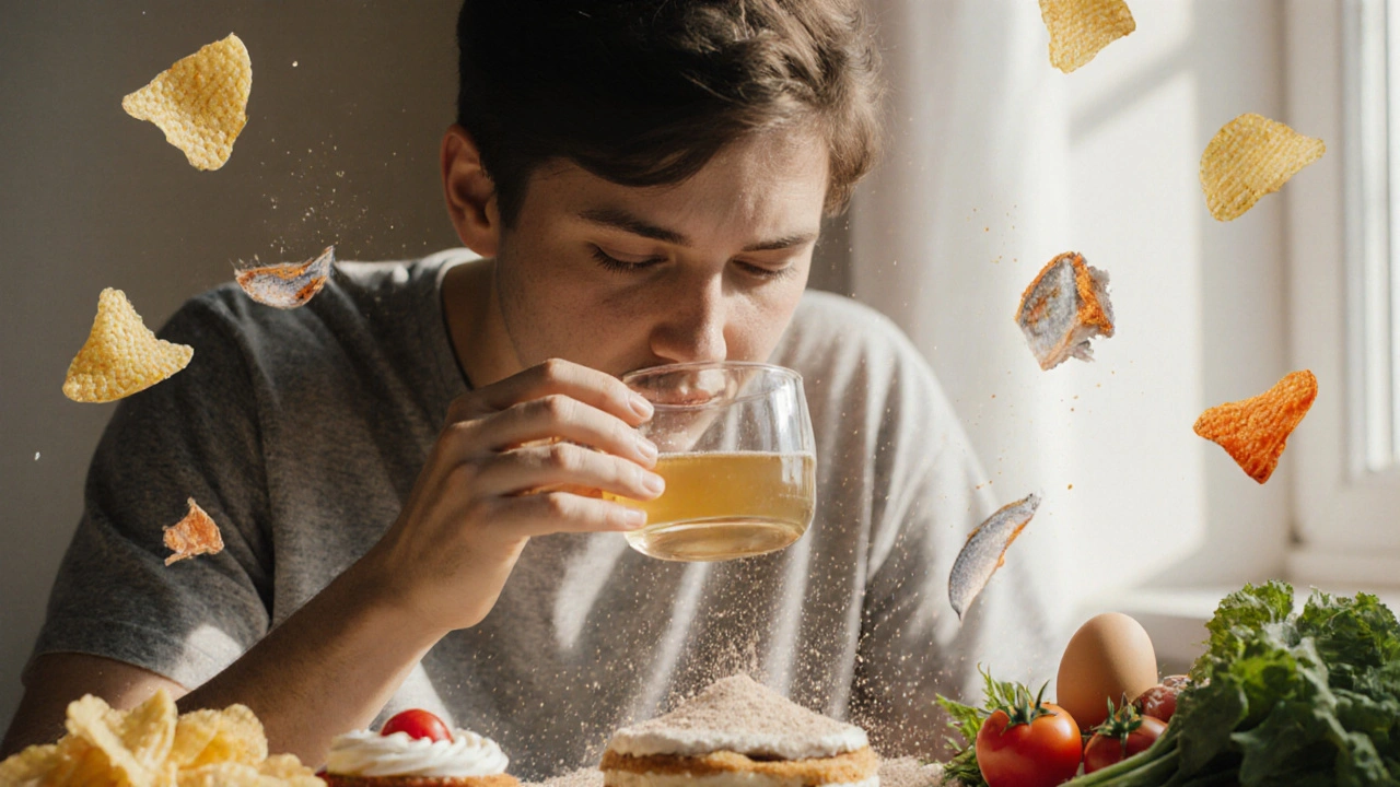 Osoba pije vývar po třídenním hladovění, kolem ní se objevují zdravé potraviny, zatímco nezdravé jídlo mizí.