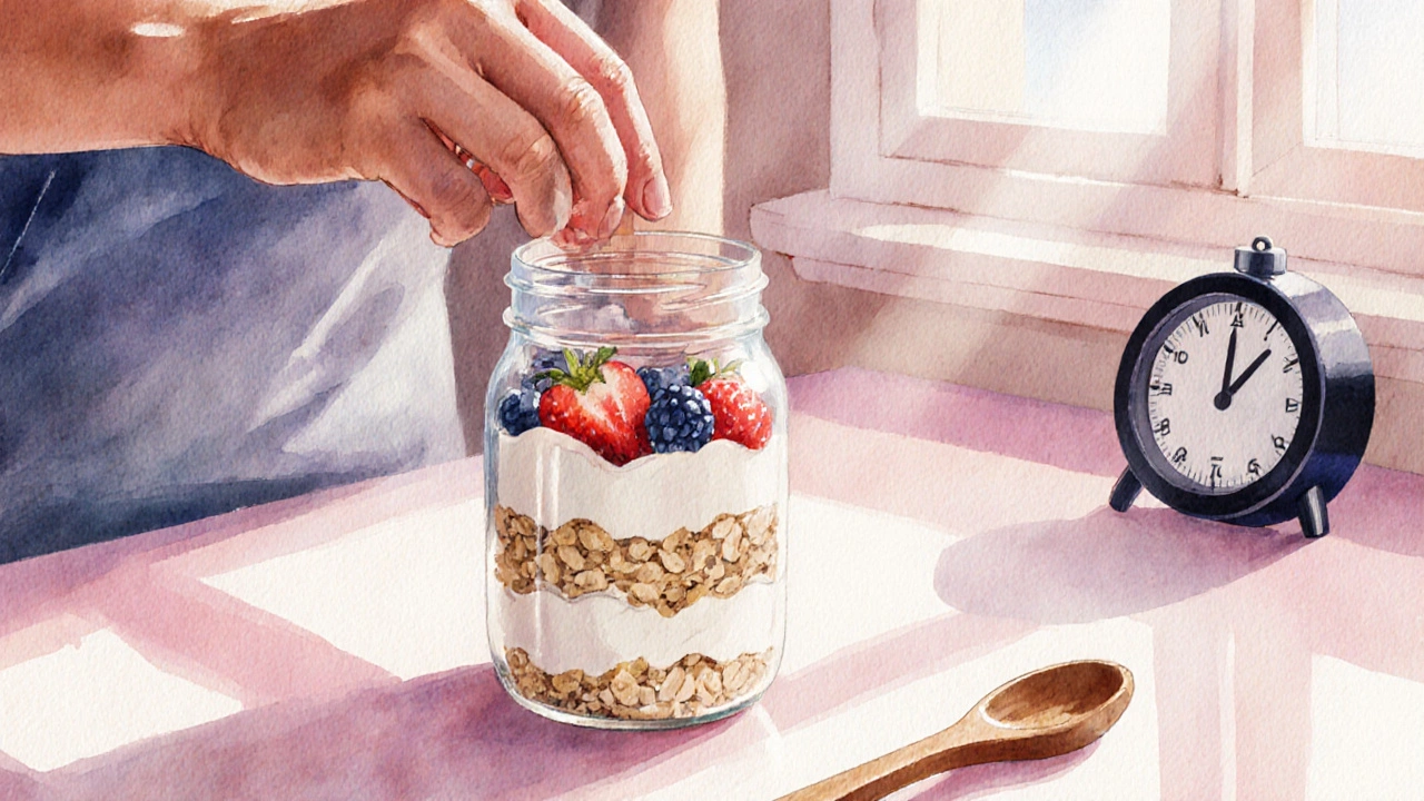 Osoba připravuje overnight oats v přehledné sklenici v kuchyni s ranním světlem.