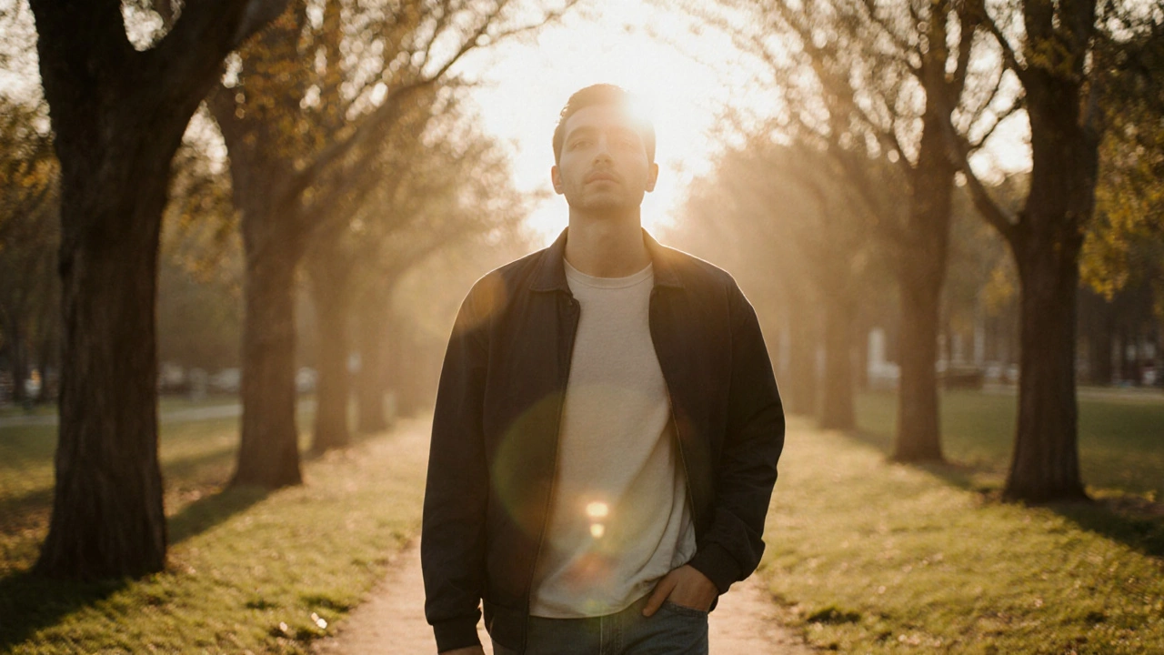 Osoba prochází v parku v zlatém světle, telefon v kapsě, klidně se pohybuje.