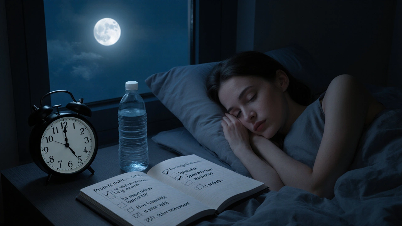 Osoba spí v temné ložnici s měsíčním světlem, vedle ní kniha s jednoduchými kroky pro zdravé hubnutí.