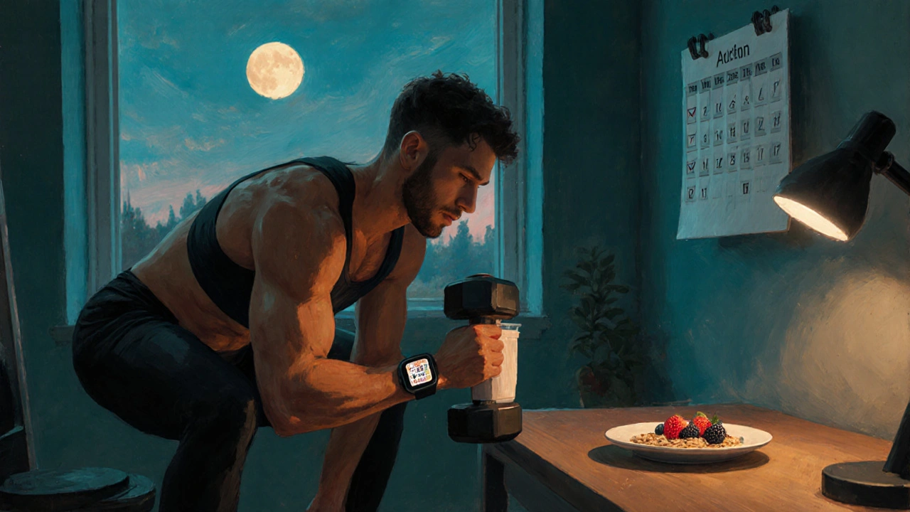 Po večerním tréninku člověk drží proteinový nápoj, v pozadí kalendář, talíř a měsíční světlo.