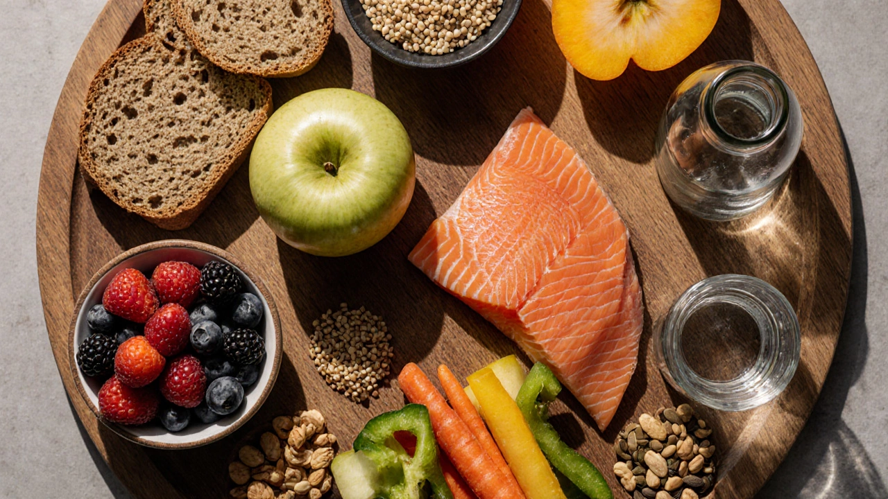 Přehled potravin: celozrnné produkty, ovoce, zelenina, ryby, ořechy a láhev olivového oleje v top‑down záběru.