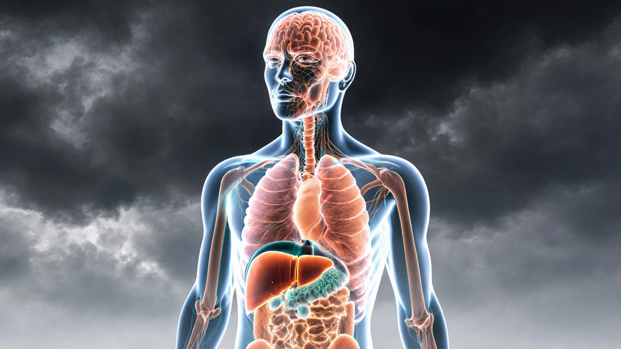 Průřez lidským tělem ukazující rozklad svalů a přepínání mozku na ketony během hladovění.