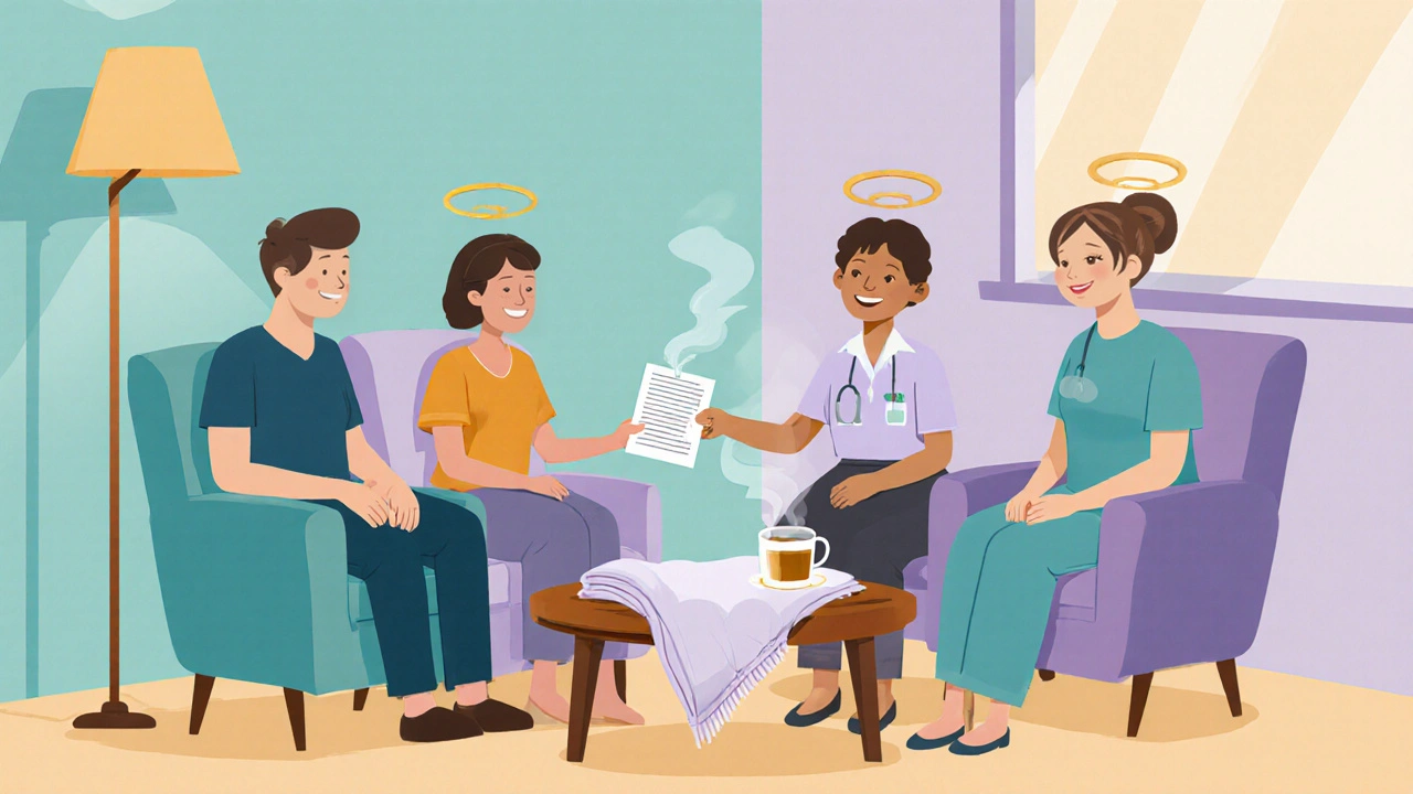 Rodina, pacient a podpora palliativní péče v útulném odpočinkovém prostoru.