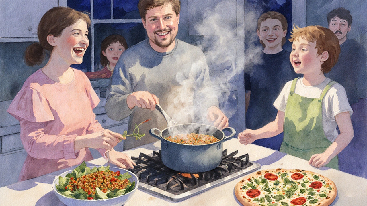 Rodina připravuje společnou večeři – dušený čočkový guláš, salát a domácí pizza, ve vodorukém akvarelu.