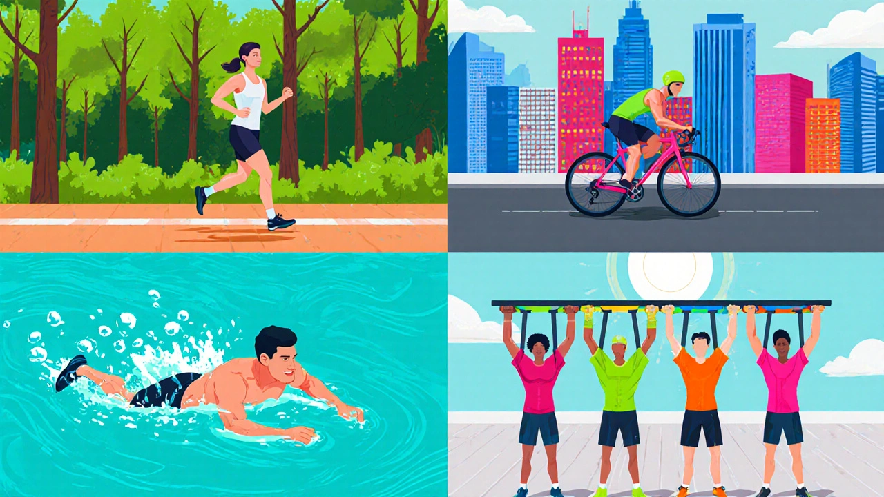 Různé formy pohybu – běh, jízda na kole, plavání a posilování.