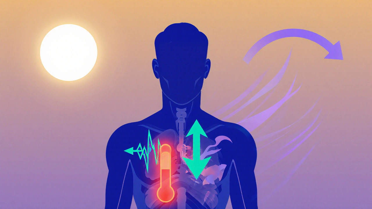 Silhouette těla s viditelnými vnitřními efekty ukazujícími hormonální změny během dne.