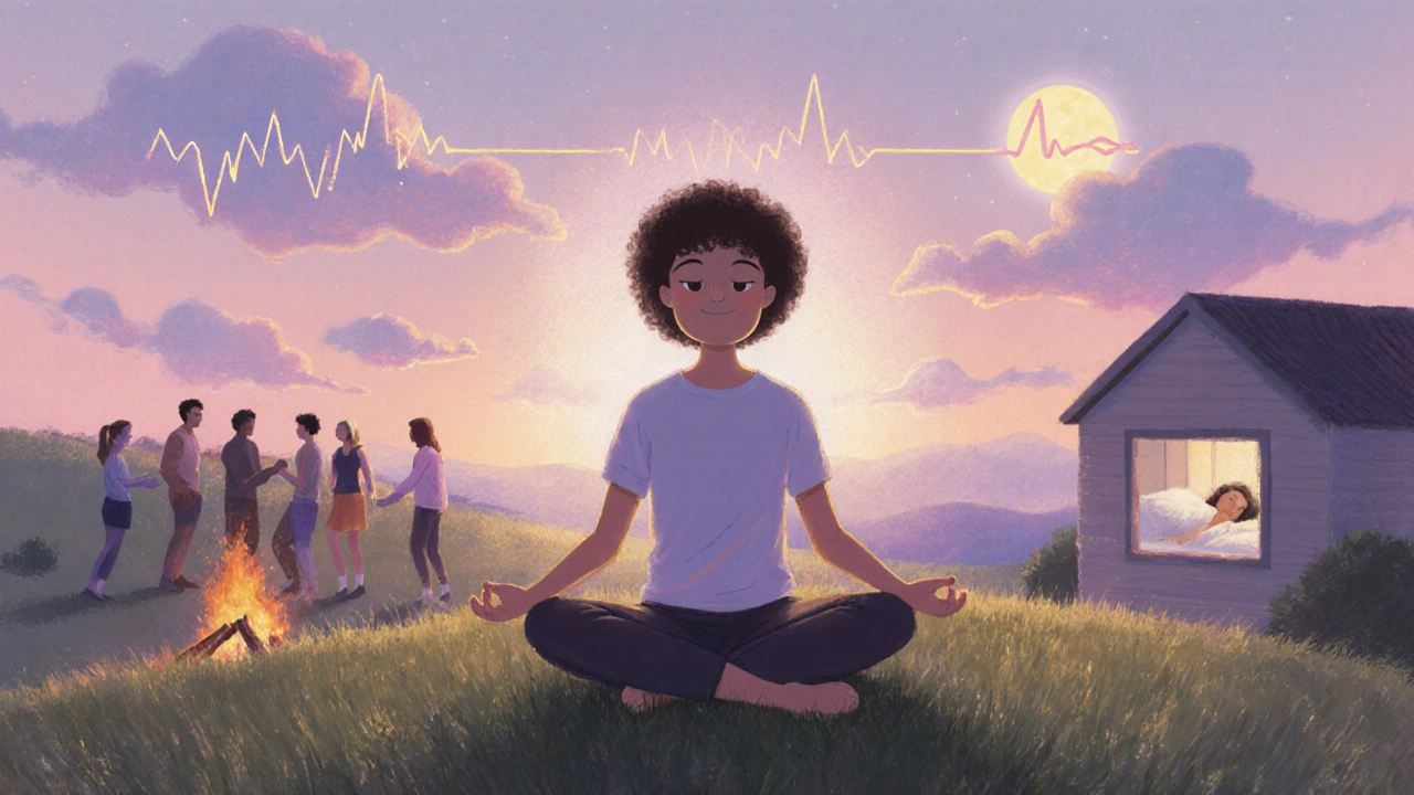 Šťastná osoba v rovnováze, odpočívající po aktivním životním stylu.