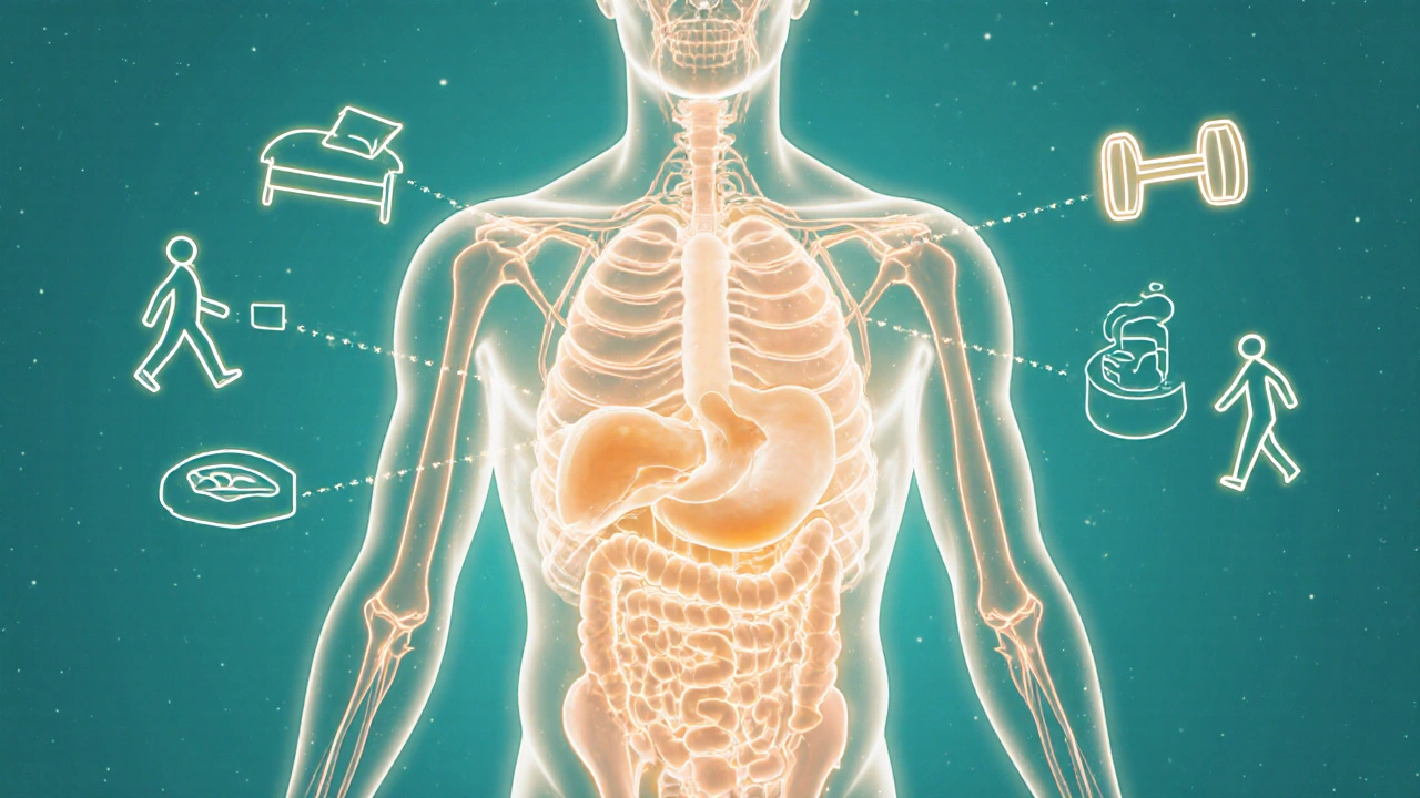 Umělecké znázornění lidského těla s grafickým zobrazením zdrojů spalování kalorií: základní metabolismus, denní aktivity a cvičení.