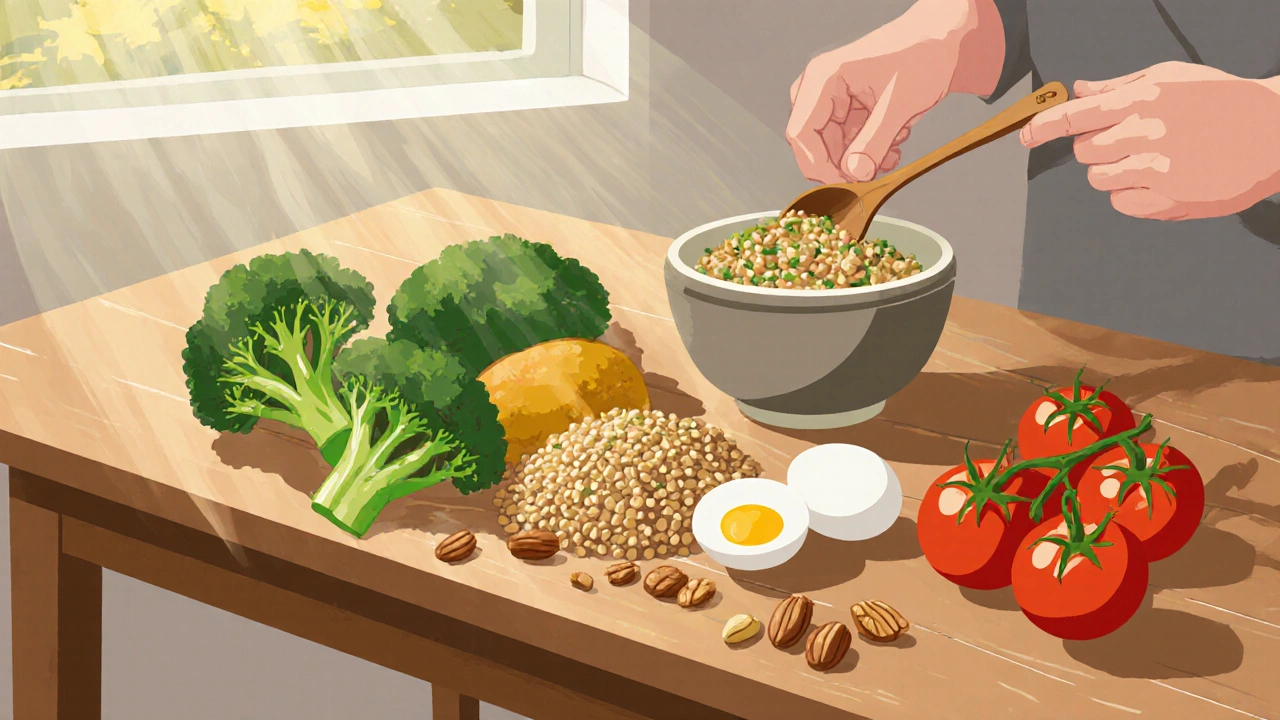 Zdravá jídla na dřevěné tabuli: brokolice, čočka, vajíčka a ořechy bez balení.