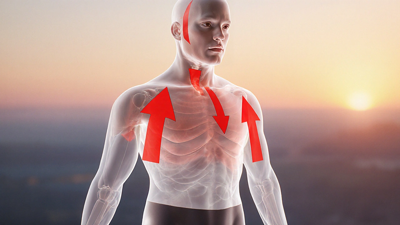 Abstraktní ilustrace těla s červenými šipkami ukazujícími postupné hubnutí od obličeje k břišní oblasti.