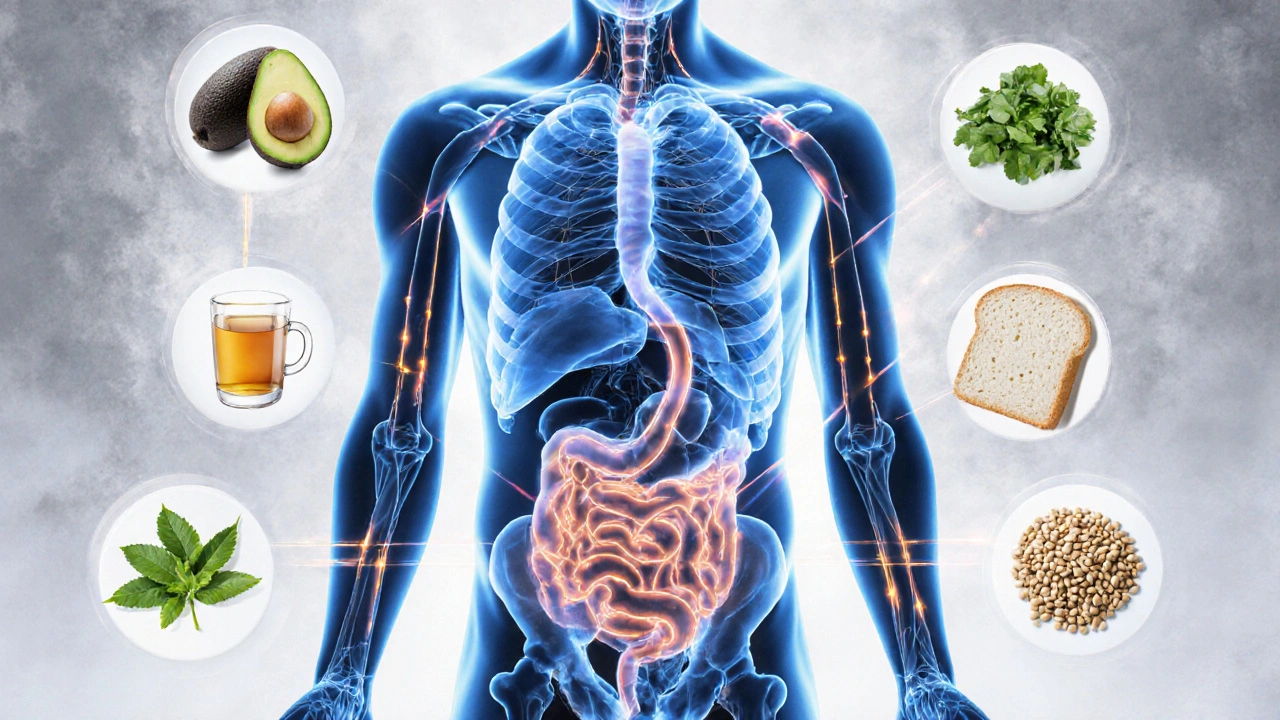 Abstraktní znázornění hormonálních signálů směřujících k břišnímu tuku, obklopených zdravými potravinami.