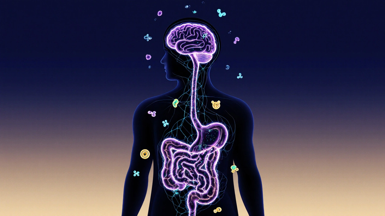 Abstraktní znázornění spojení střeva a mozku s probiotiky a serotoninem