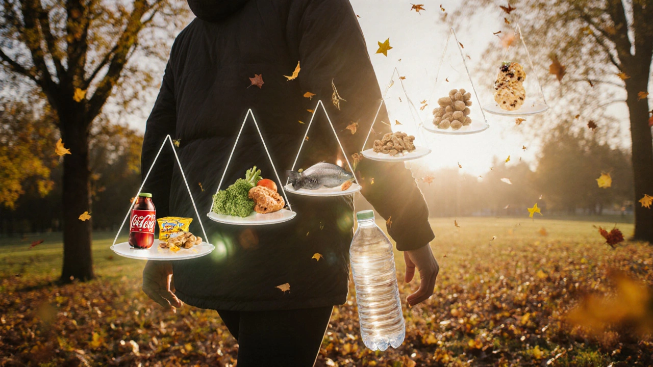 Člověk kráčí v parku na ranním světle, symbolizující zdravý životní styl bez zpracovaných potravin.