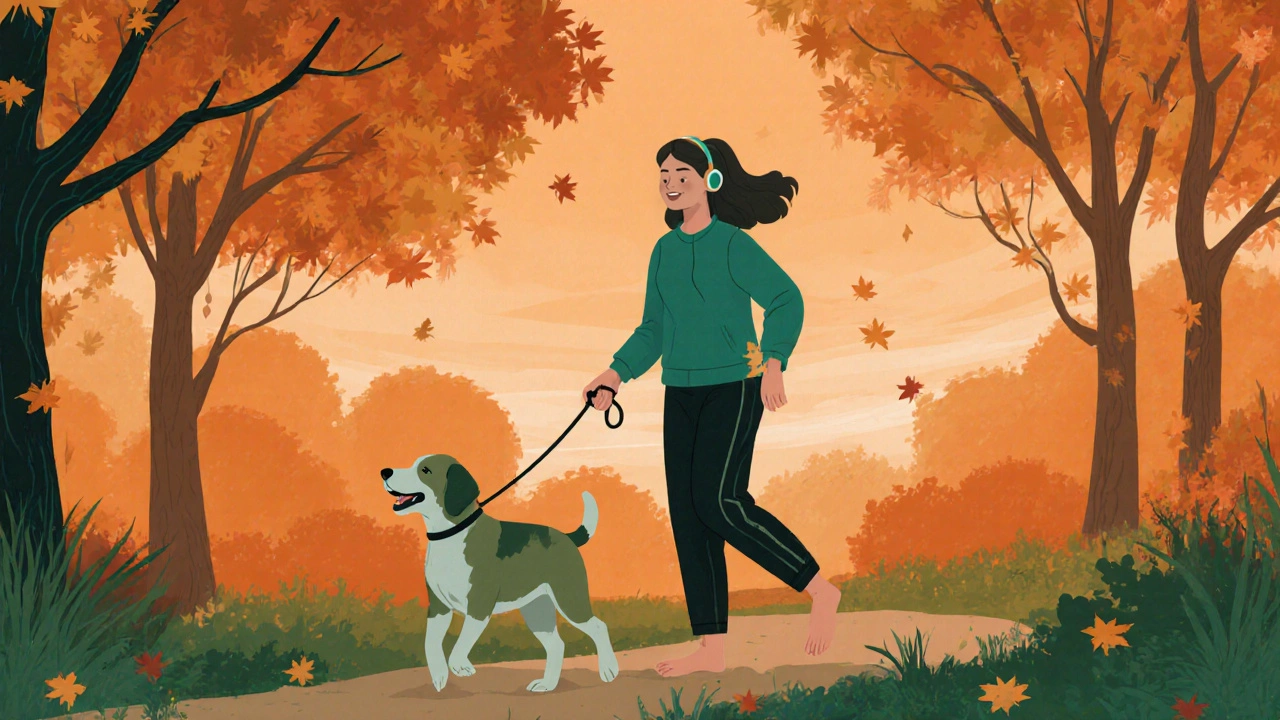 Člověk prochází parkem večer s psem, cítí se v pohodě, bez technologie.