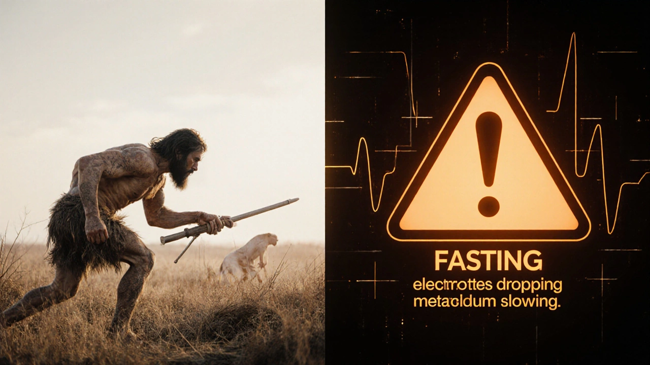 Dvojí obraz těla: pravěký přeživší proti modernímu hladovějícímu, symbolizující evoluci a moderní chyby.