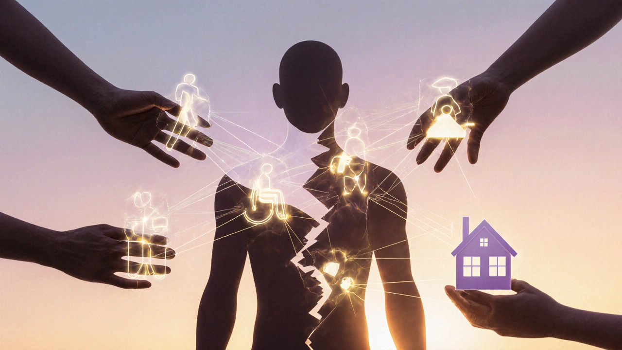 Fragmentovaný člověk se pomalu sbírá z prvků rehabilitace a podpory.