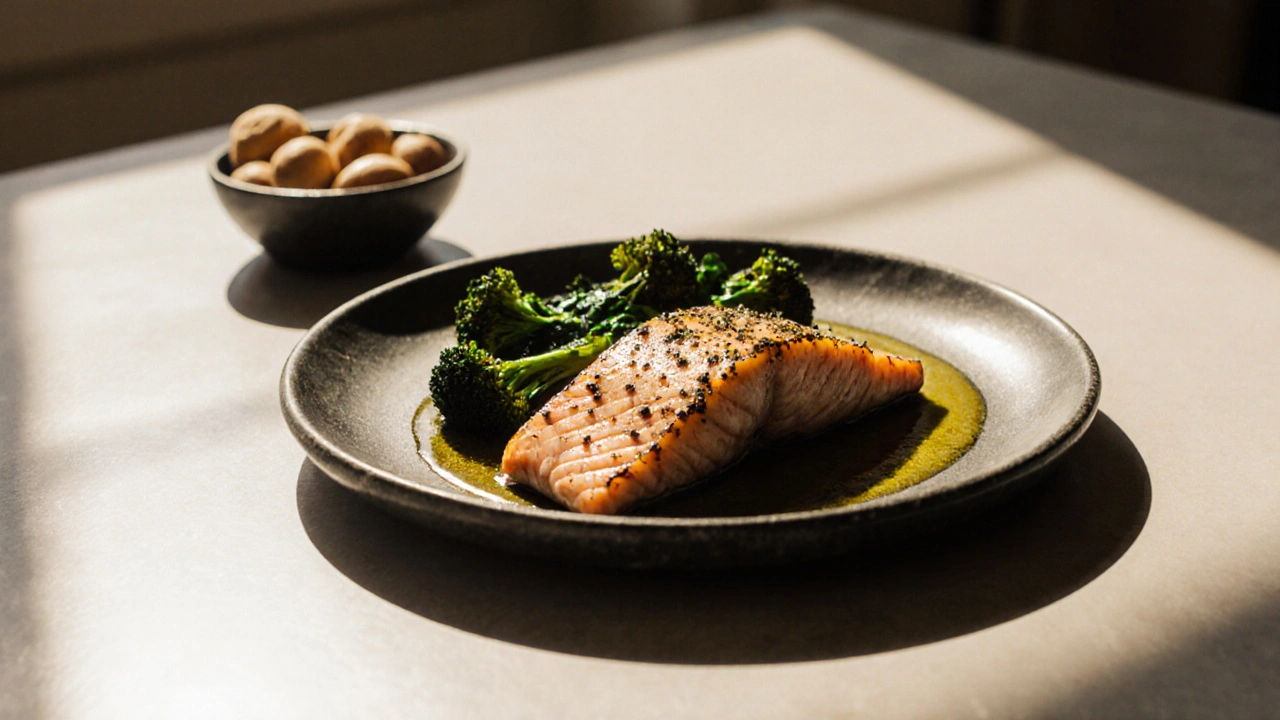 Grilovaný losos s brokolicí a špenátem na temné tabulce s olivovým olejem.