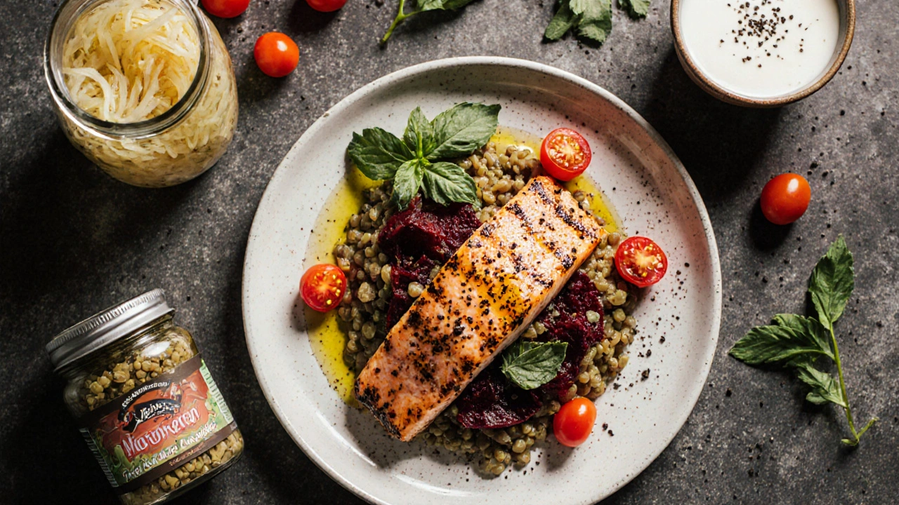 Grilovaný losos s čočkou a červenou řepou, doplněný olivovým olejem a kyselým zelím