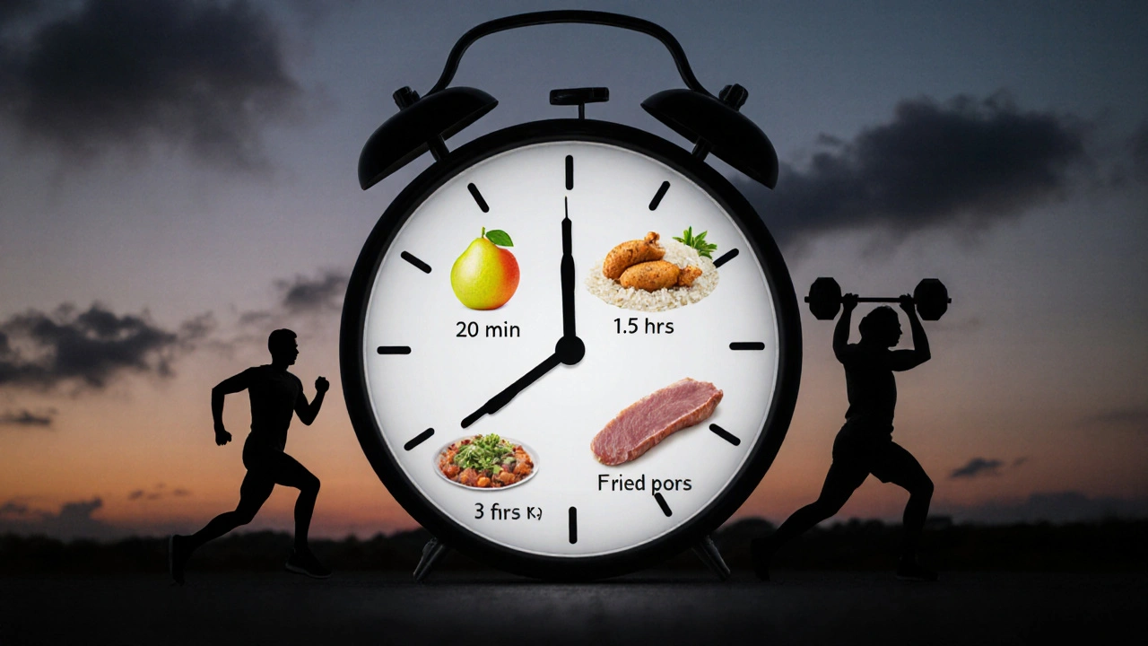 Hodiny s časovými intervaly a ikonami jídel, kolem nich postavy v různých fázích tréninku.