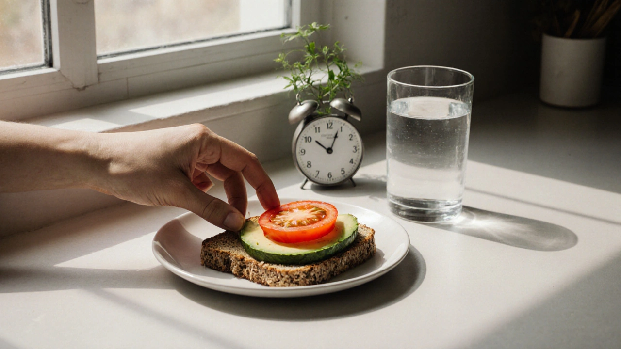 Jednoduchý snídaně na kuchyňském stole: chléb, avokádo, rajče a voda, bez doplňků nebo trendů.