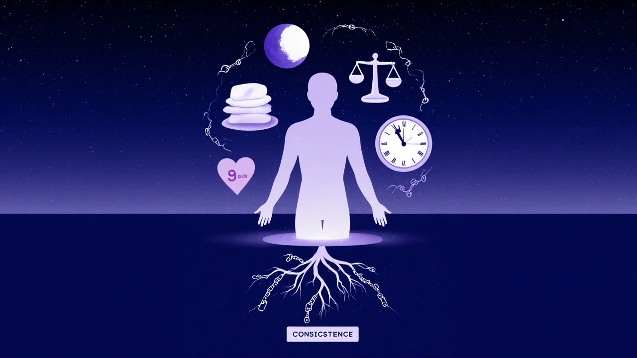 Koncepční obrázek člověka s symboly spánku, stresu a konzistence, znázorňující udržitelné hubnutí.