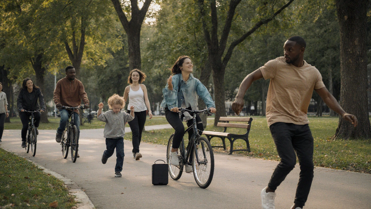 Lidé se pohybují v parku – chodí, jezdí na kole a tančí, běžný den, přírodní prostředí.