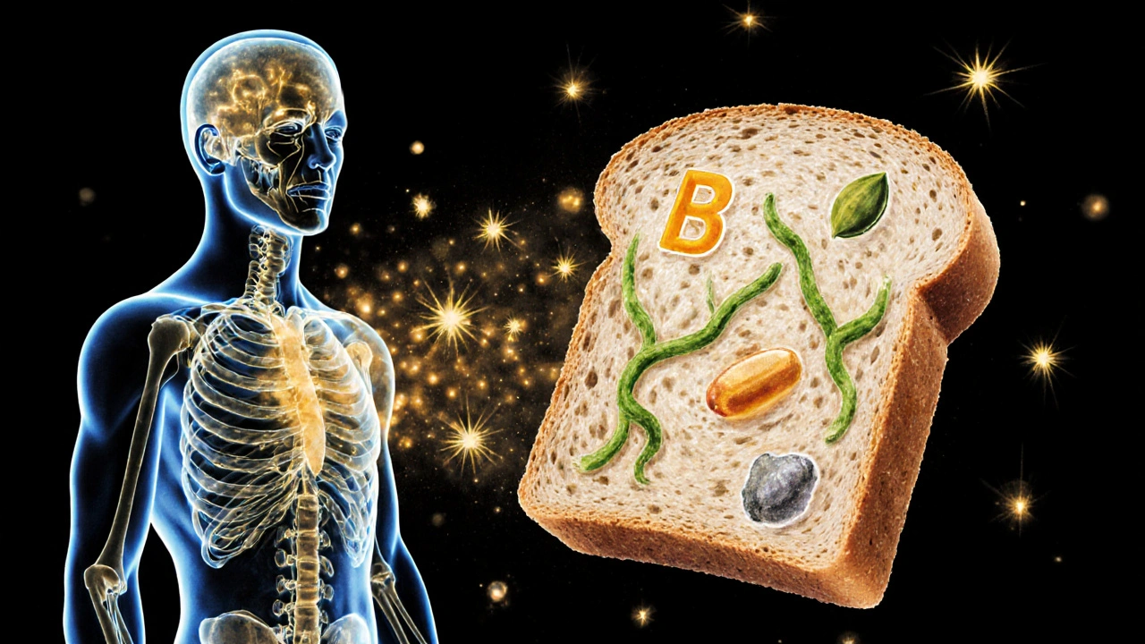 Lidské tělo s vyzařujícími živinami z celozrnného chleba: vláknina, vitamíny B a minerály.