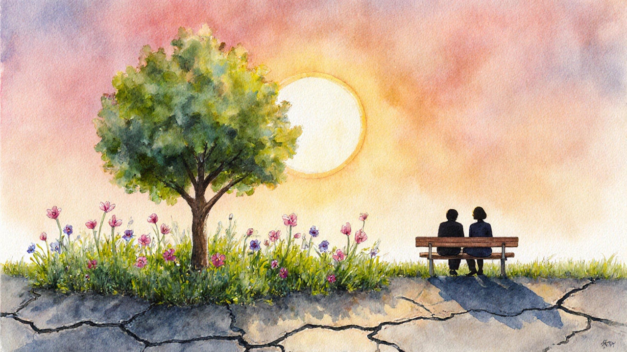 Malá zahrada roste mezi betonem, dva lidé sedí na lavičce.