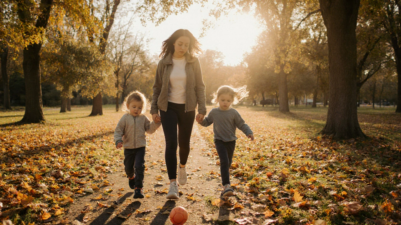 Matka s dětmi prochází v parku při zlatém světle, bez fitness zařízení.