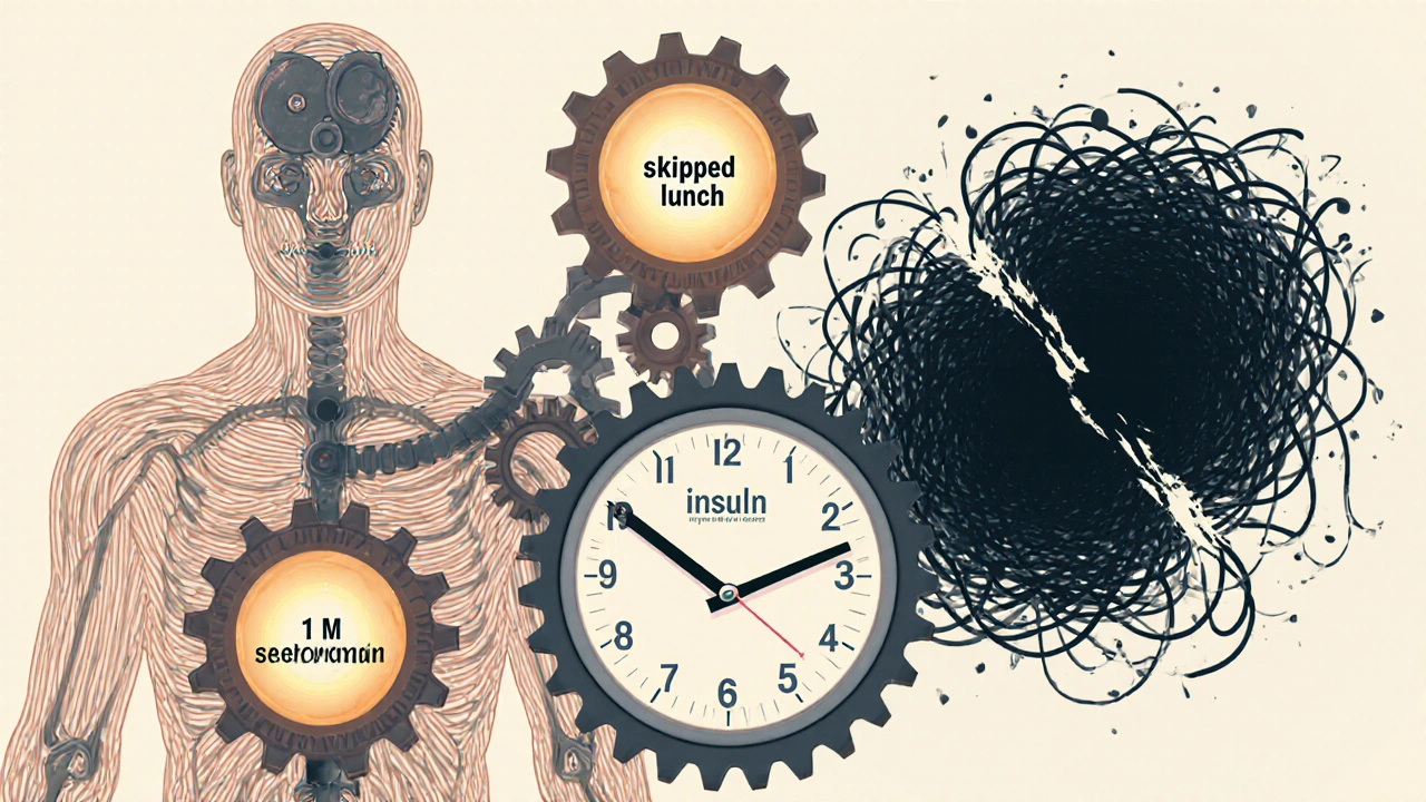 Mechanické tělo jako hodiny s koly označenými jako inzulin a glukóza, které se pohybují harmonicky při pravidelném jídle.