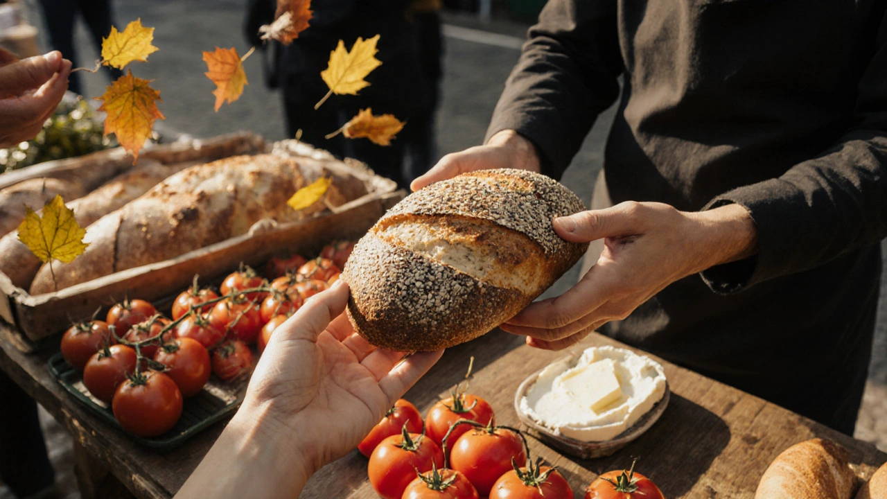 Místní pekař v Brně na tržnici podává zákazníkovi kvasový chléb s rajčaty a tvarohem.