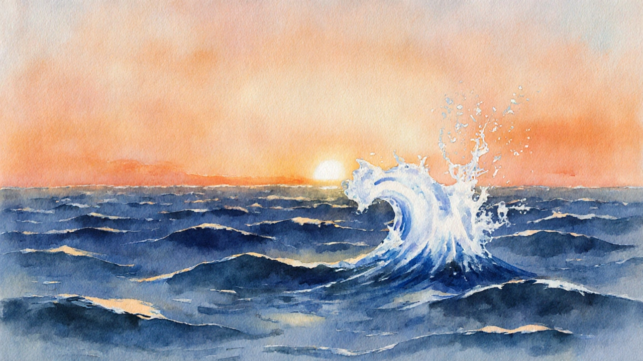 Moře na západu slunce, myšlenka jako vlna se rozpouští v moři, symbolický obraz klidu.