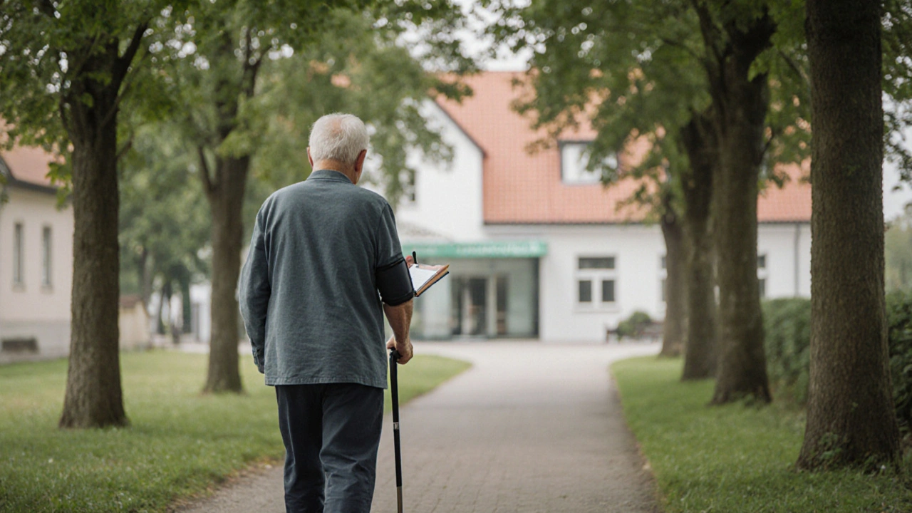 Muž s káněm prochází ulicí, zapisuje své parametry zdraví.