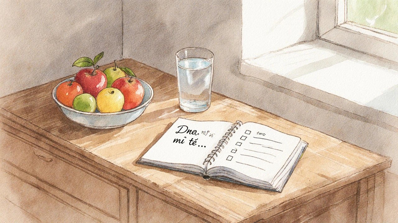 Na stole jsou čerstvé ovoce, sklenice vody a poznámka o věcech, které tě těší.
