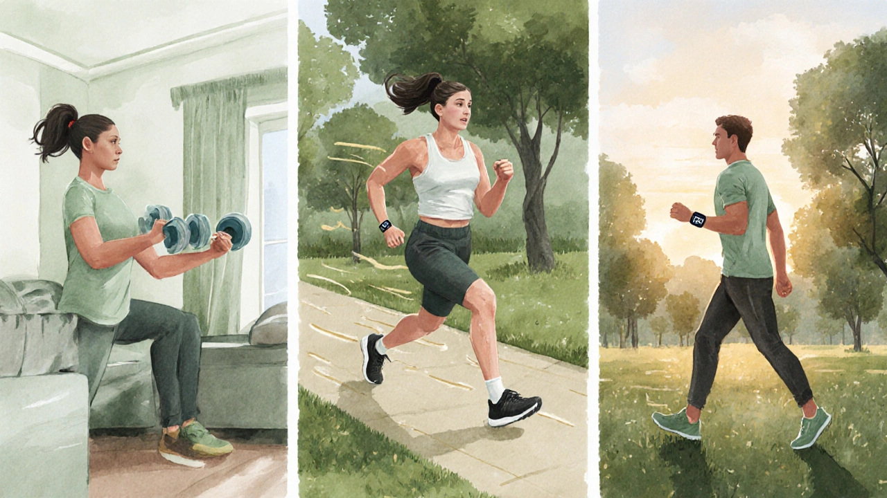 Osoba cvičí doma, dělá HIIT a prochází v parku večer, symbolizující různé druhy pohybu.