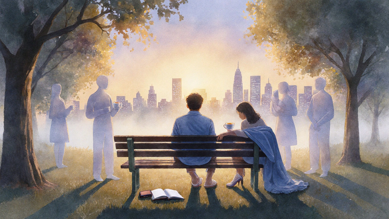 Osoba na lavičce v parku v soumraku, kolem ní průhledné postavy symbolizující podporu a klid.