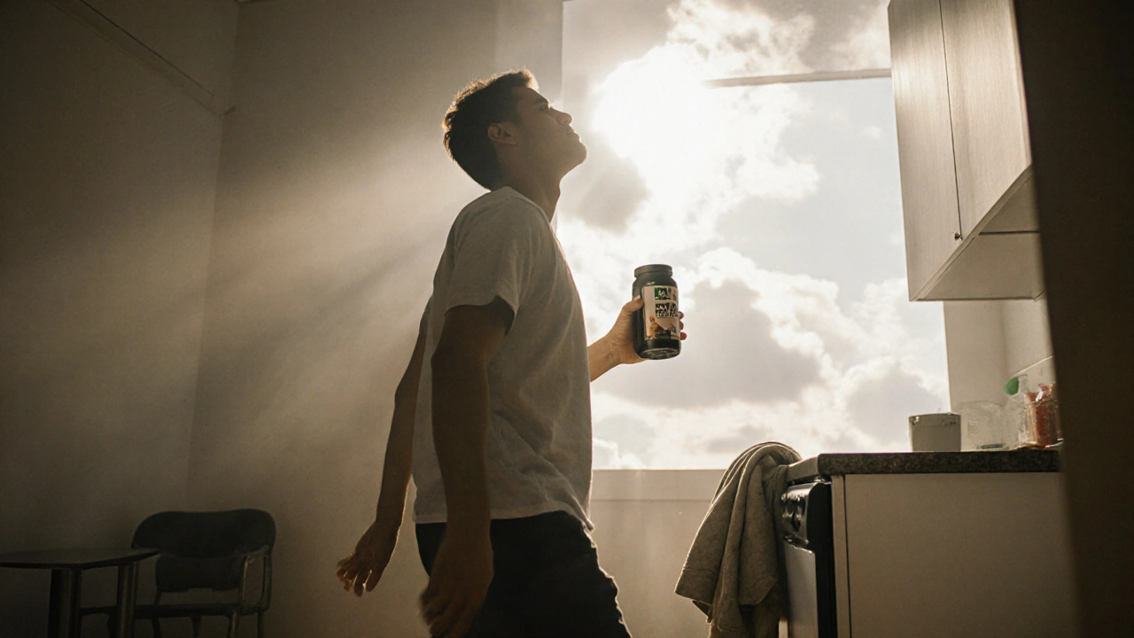 Osoba pomalu chodí po bytě s proteínovým nápojem, slunce zasahuje do místnosti.