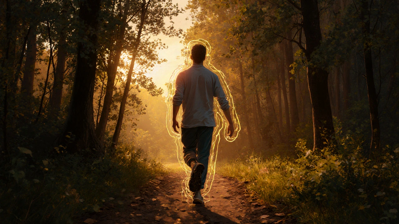 Osoba prochází lesní stezku v zlatém světle, klidně a přirozeně se hýbe.