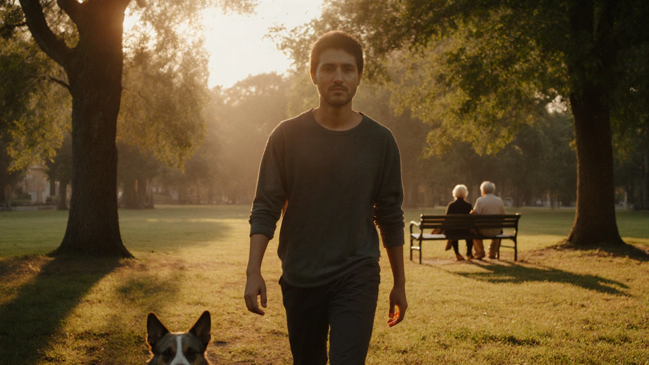 Osoba prochází parkem s psem, za ní dvojice držíce se za ruce na lavičce v záři odpoledního slunce.