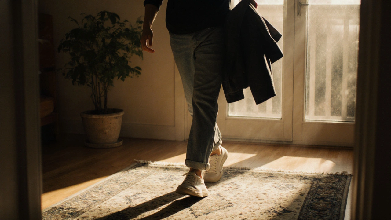 Osoba se klidně prochází po domě v odpočinkovém oblečení.