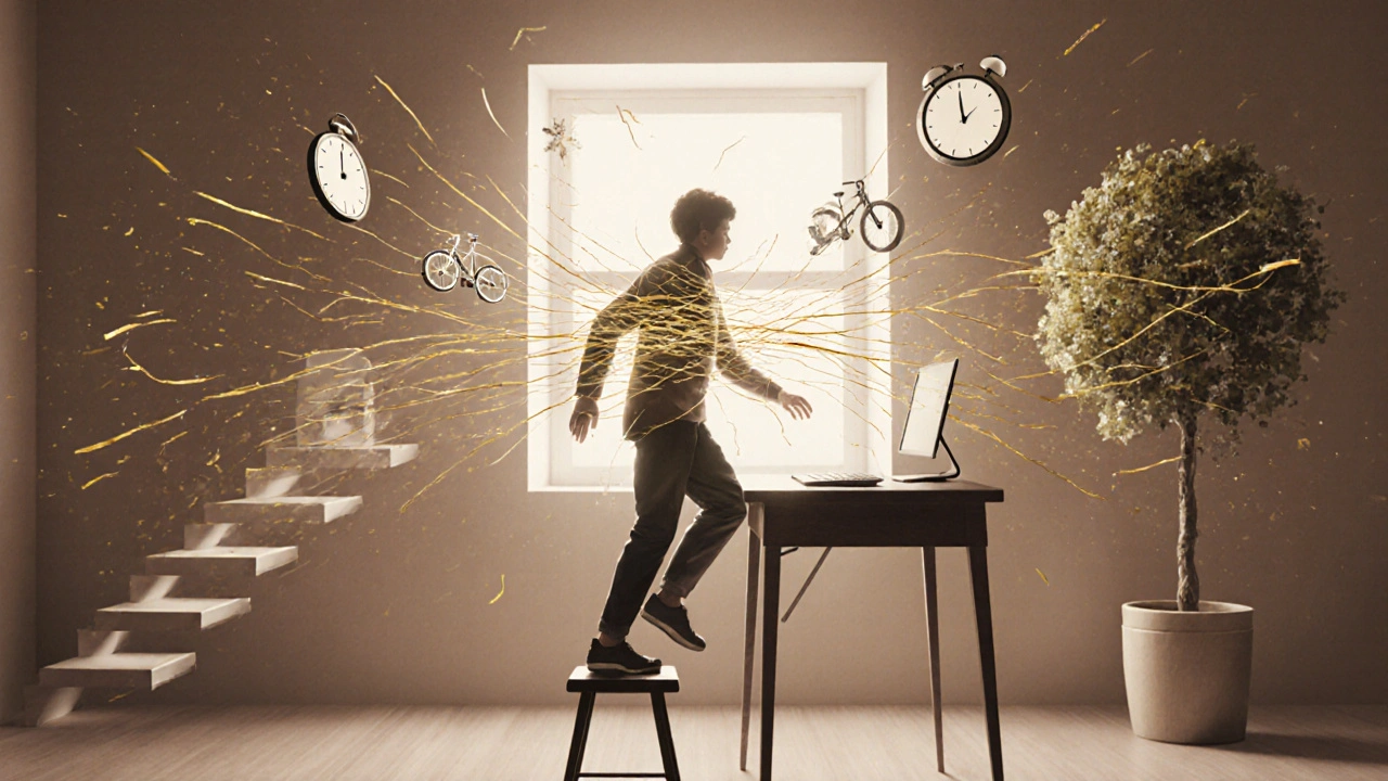 Osoba se pohybuje ve svém prostředí, symbolizující malé každodenní aktivity pro zdraví