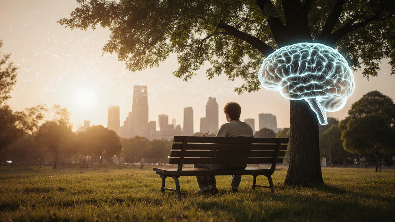 Osoba v klidu v parku, příroda obklopuje a odstraňuje znečištění