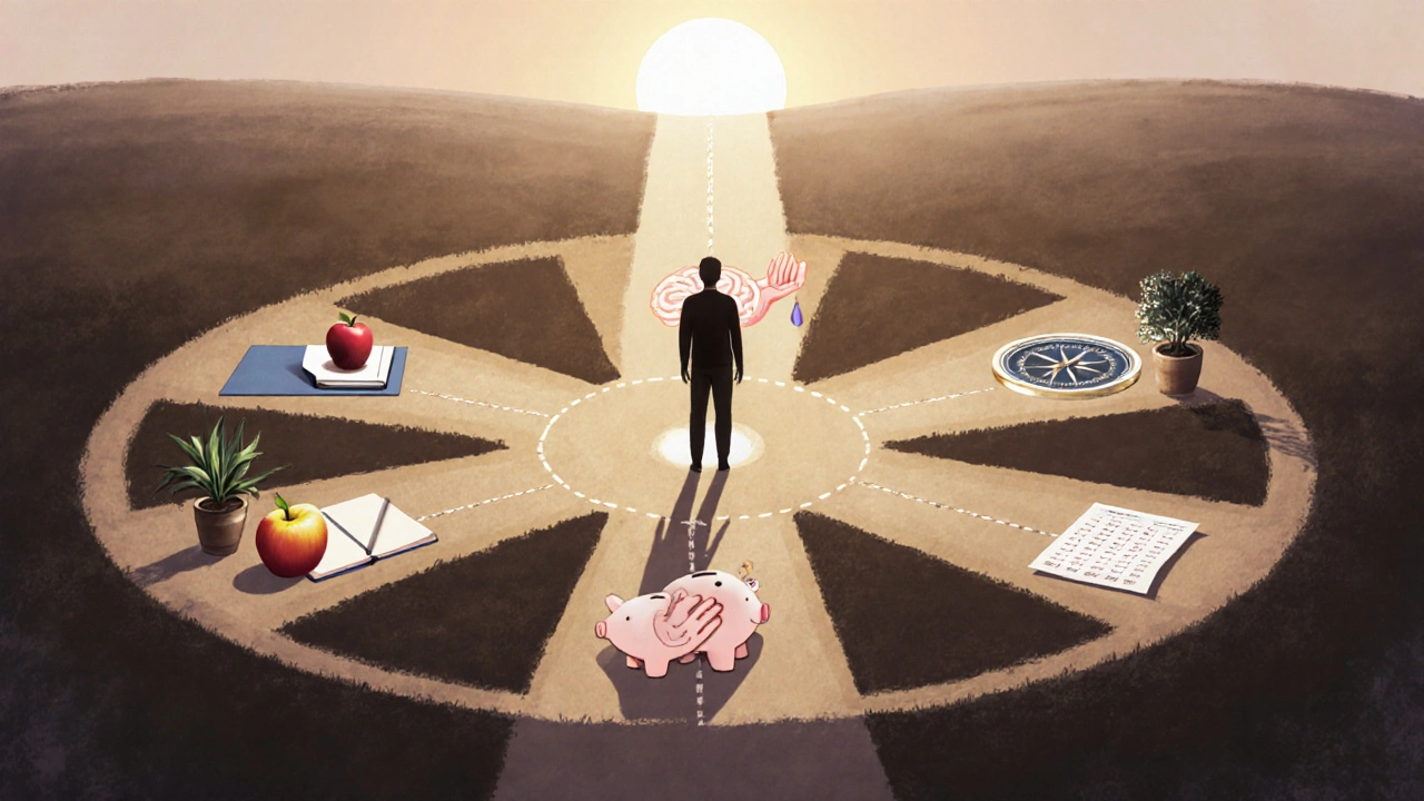 Osoba ve středu kruhové cesty s šesti cestami symbolizujícími různé aspekty zdraví, směřující k východu slunce.