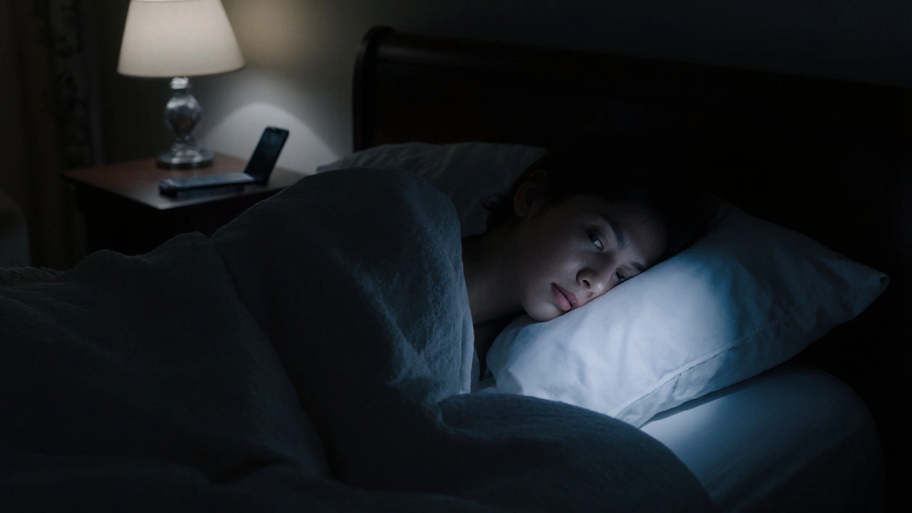 Pokoj v noci, člověk spí, telefon je daleko od postele, měsíční světlo osvětluje prostor.