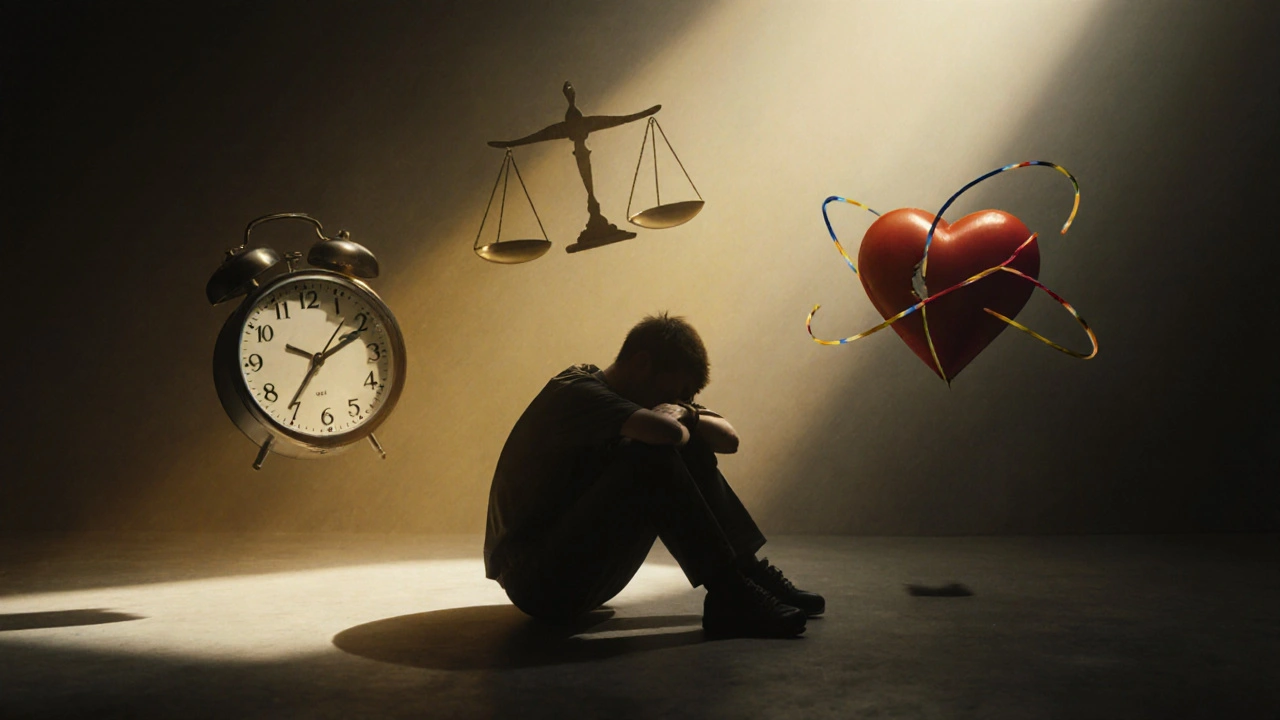 Postava v tiché izolaci s symboly času, selhání váhy a yo-yo efektu, vyjadřující fyzický a duševní únavu.